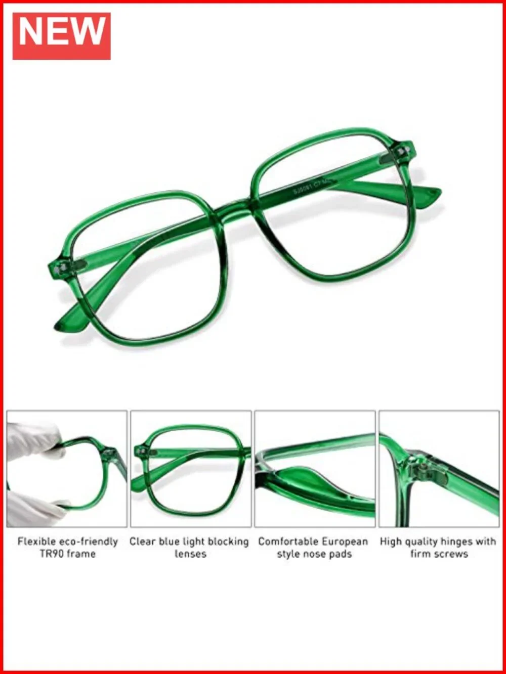 Oversized Square TR90 Frame Blue Light Blocking Glasses for Women